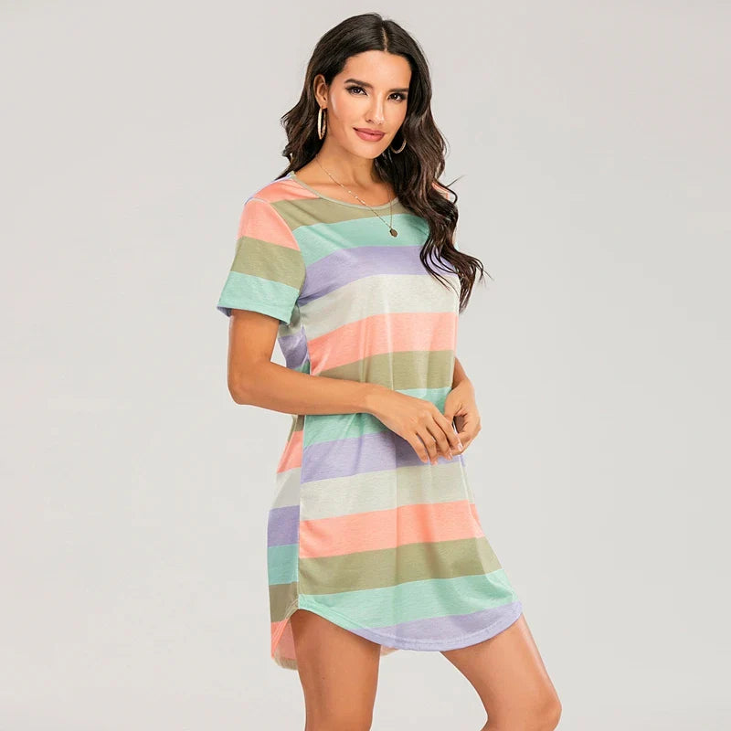 Cralom Rainbow Stripe Nightgown: Short Sleeve Loose Fit Women's Sleepwear & Summer Lounge Dress