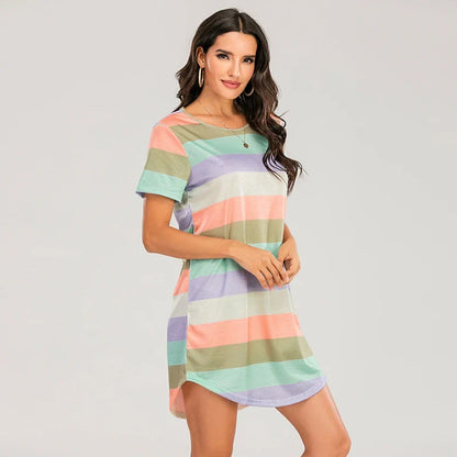 Cralom Rainbow Stripe Nightgown: Short Sleeve Loose Fit Women's Sleepwear & Summer Lounge Dress