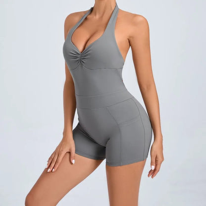 Cralom Backless Yoga Jumpsuit: Nude Fitness One-Piece with Pockets