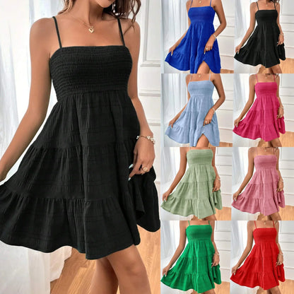 Cralom Solid Color Texture Strap Skirt One Piece Swimsuit