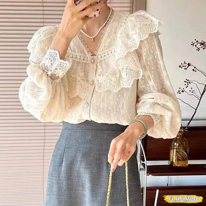 Cralom Elegant Ruffled White Blouse for Women's Office Chicwear