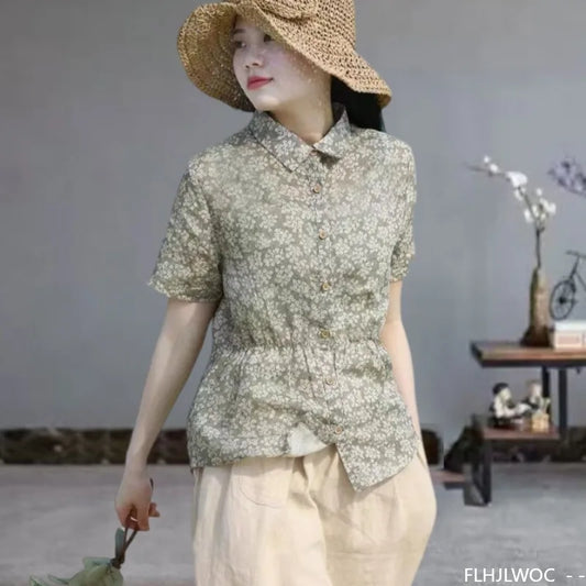 Cralom Vintage Floral Print Button Shirt Slim Waist Retro Design Women Summer Tops