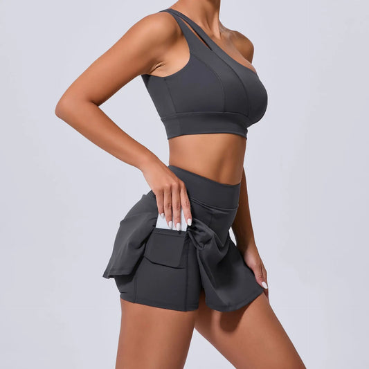 Cralom Women's Yoga Bra Set & Tennis Skirt with Pockets Anti-expose