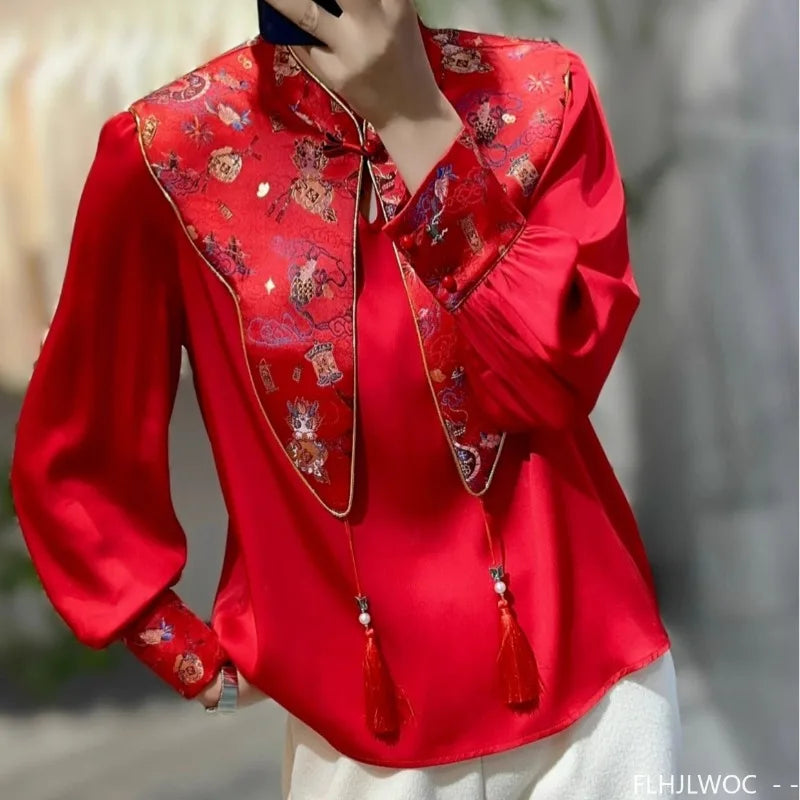 Cralom Red Chi-pao Collar Blouse 2024 Collection