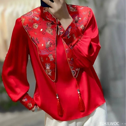 Cralom Red Chi-pao Collar Blouse 2024 Collection