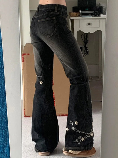 Cralom Vintage Embroidery Flare Jeans - High Waist Slim Straight Pants