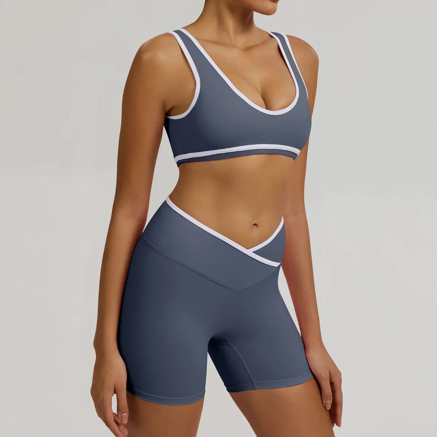 Cralom Seamless Yoga Set: Cross Waistband Butt Lifting Shorts & Sports Bra
