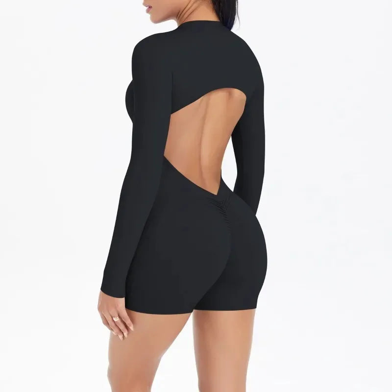 Cralom Seamless Yoga Bodysuit with Cut-Out Back, Half Zip & Peach Booty Lift
