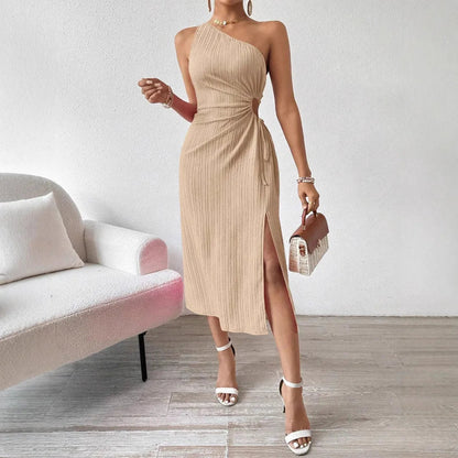 Cralom Elegant Single Shoulder Slit Dress for Spring/Summer 2025