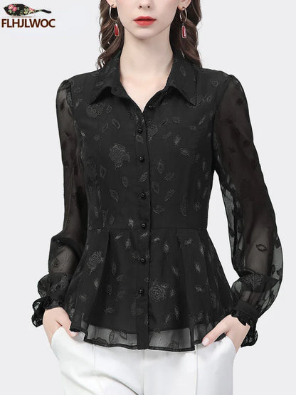 Cralom Black Lace Slim Fit Blouse: Vintage French Design, Elegant & Cute Office Wear