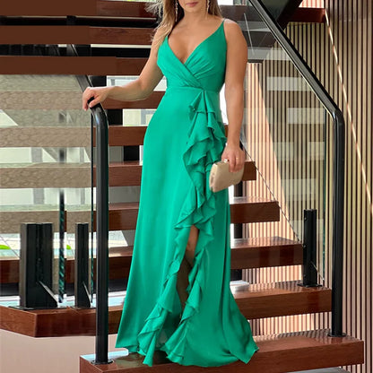 Cralom Summer Maxi Skirt Dress with Ruffle V-neck and High Waist