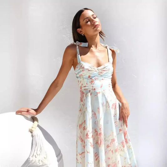 Floral Suspender Slimming Dress V-neck Waist Cinching Cralom Brand