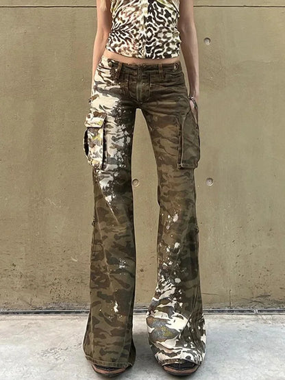 Cralom Vintage Washed Cargo Jeans Women High Waist Loose Straight Pants