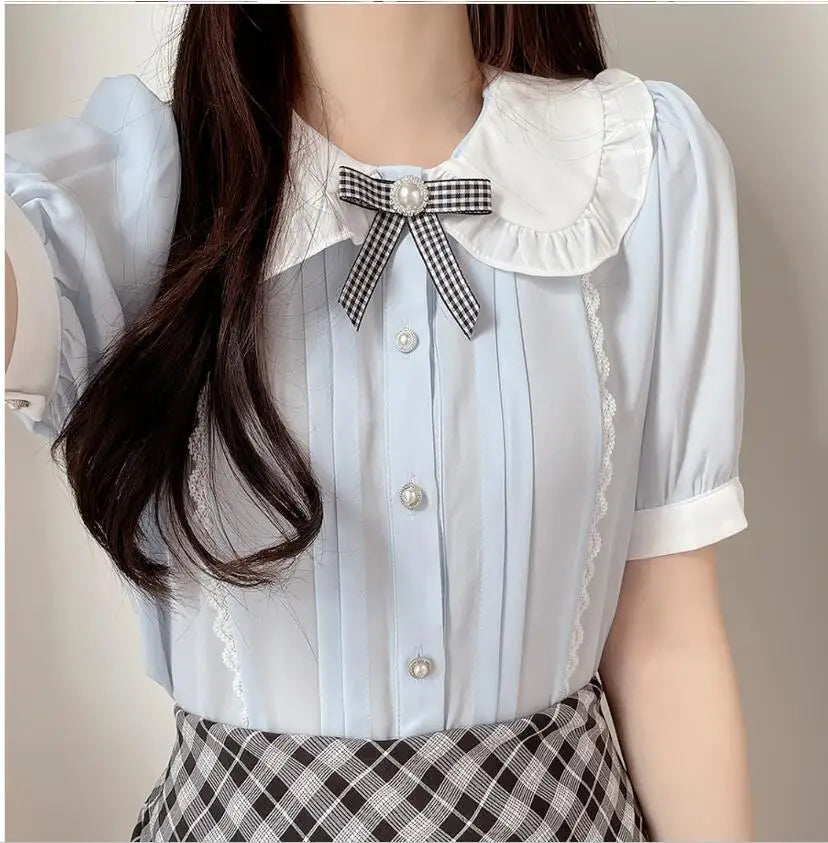 Cralom Ruffled Lace Blouse: Stylish White Button-Down Shirt for Office Ladies