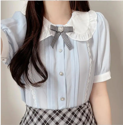 Cralom Ruffled Lace Blouse: Stylish White Button-Down Shirt for Office Ladies