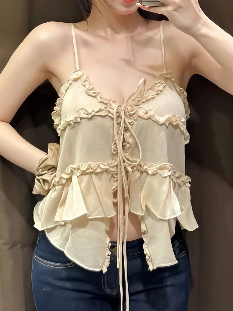 Cralom Ruffled Sling Vest - V Neck Lace Up Sleeveless Top