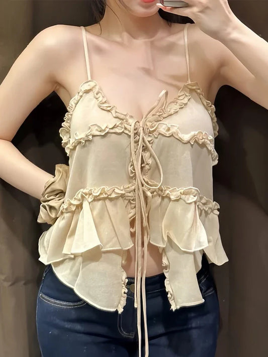 Cralom Ruffled Sling Vest - V Neck Lace Up Sleeveless Top