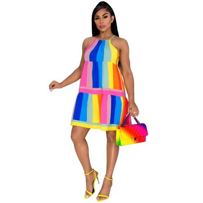 Cralom Rainbow Stripe Halter Dress: Sleeveless, Colorful & Sexy for Women