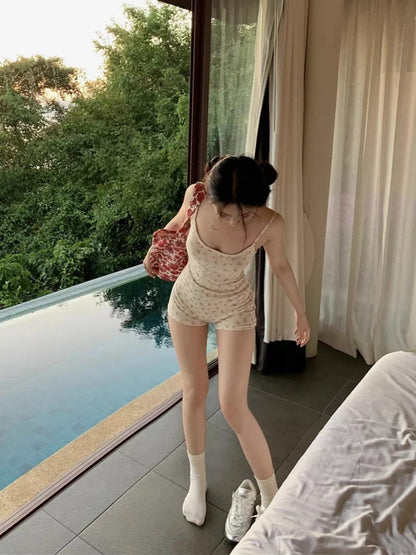 Cralom Pajama Set: Chest Cushion Back Jumpsuit, Shorts with Floral Tie Detail