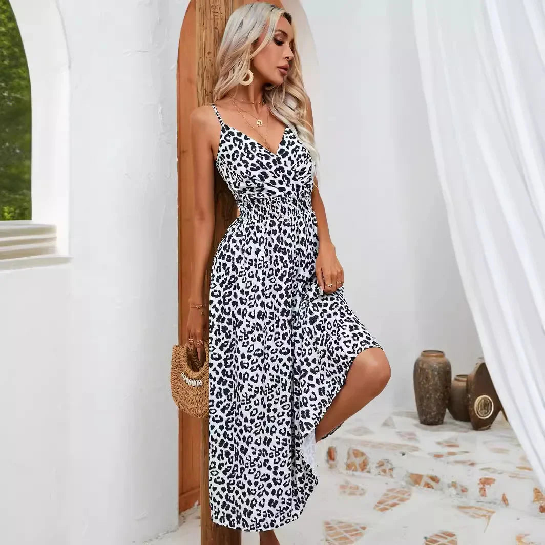 Cralom Leopard Print Suspender V-neck Dress