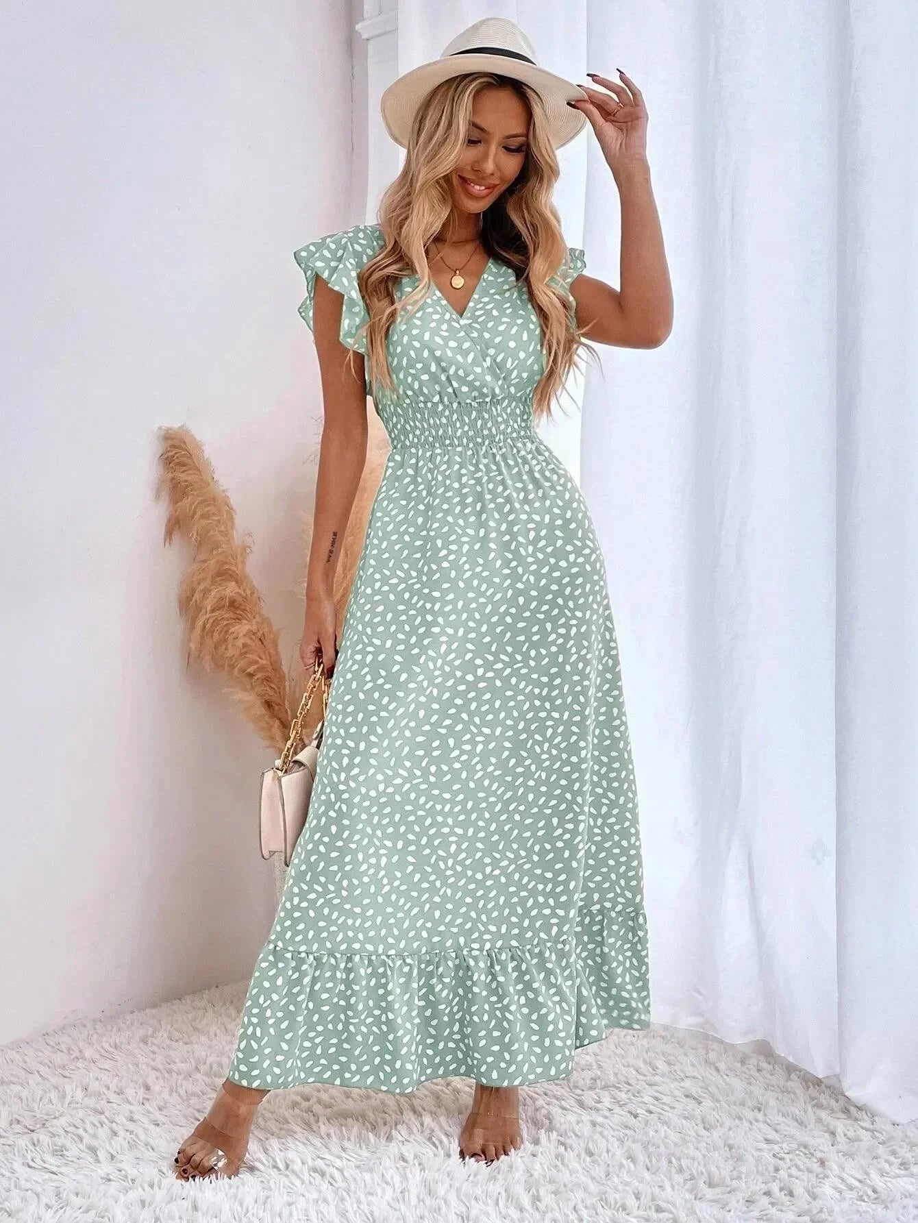 Cralom Floral V-Neck High Waist Dress with Lotus Leaf Sleeves for Summer 2025