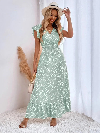 Cralom Floral V-Neck High Waist Dress with Lotus Leaf Sleeves for Summer 2025