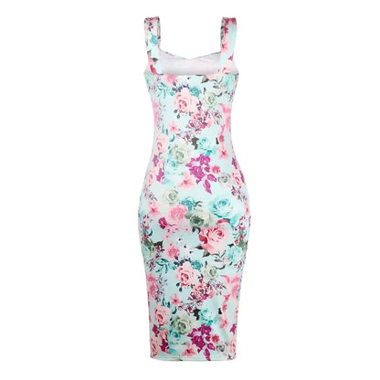 Cralom V-neck Camisole Dress Sleeveless Slim Fit Full Print Backless Slimming Design