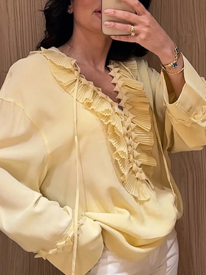Cralom Ruffled Chiffon Shirt Casual V-Neck Blouse Women's Streetwear Tops