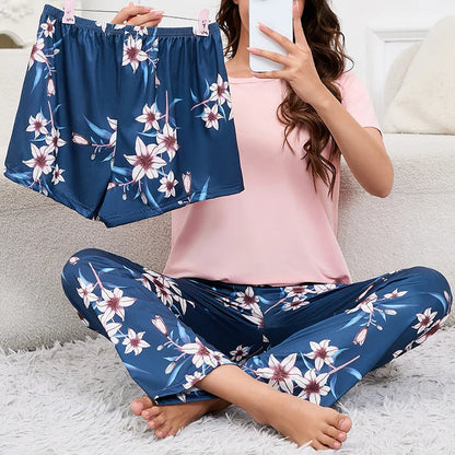 Cralom Women's Heart Print Pajama Set with Short-Sleeve Top, Shorts & Long Pants