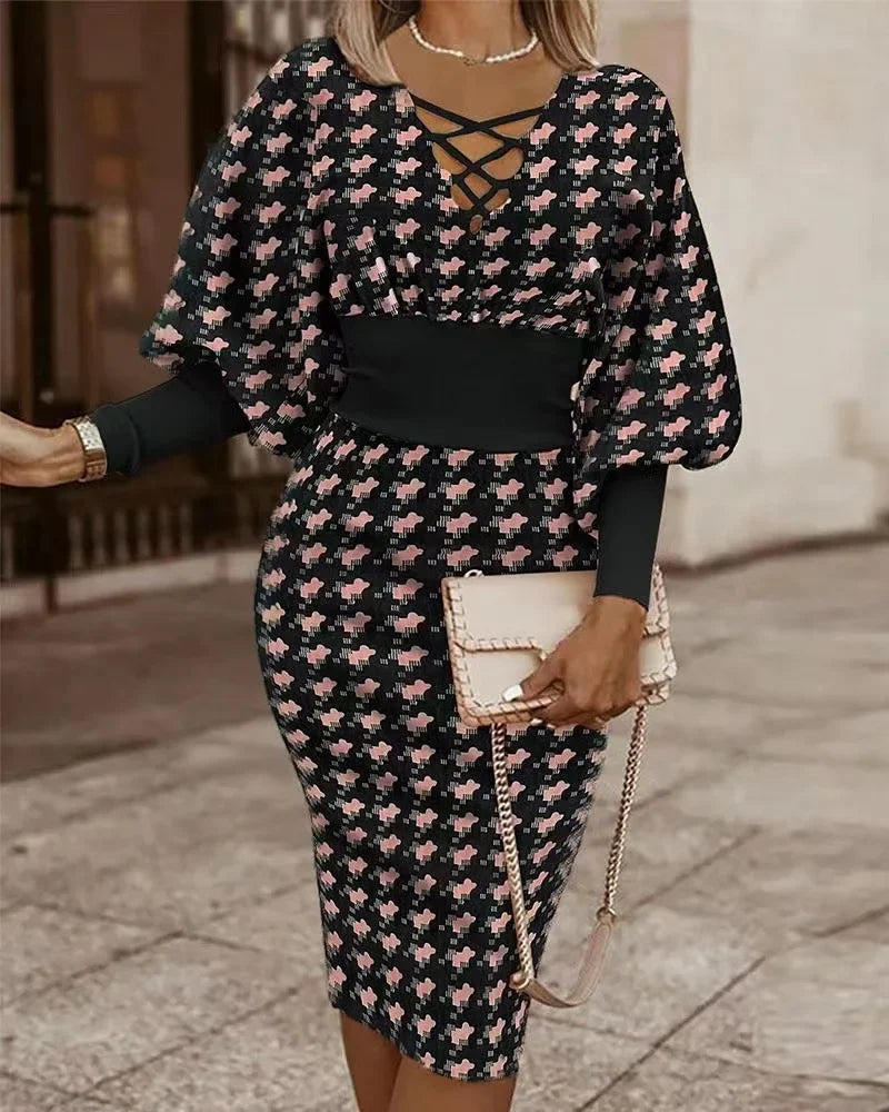 Cralom Red Plaid Bodycon Dress: Deep V Neck, Long Sleeve, Elegant Autumn Party Christmas Midi