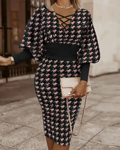 Cralom Red Plaid Bodycon Dress: Deep V Neck, Long Sleeve, Elegant Autumn Party Christmas Midi