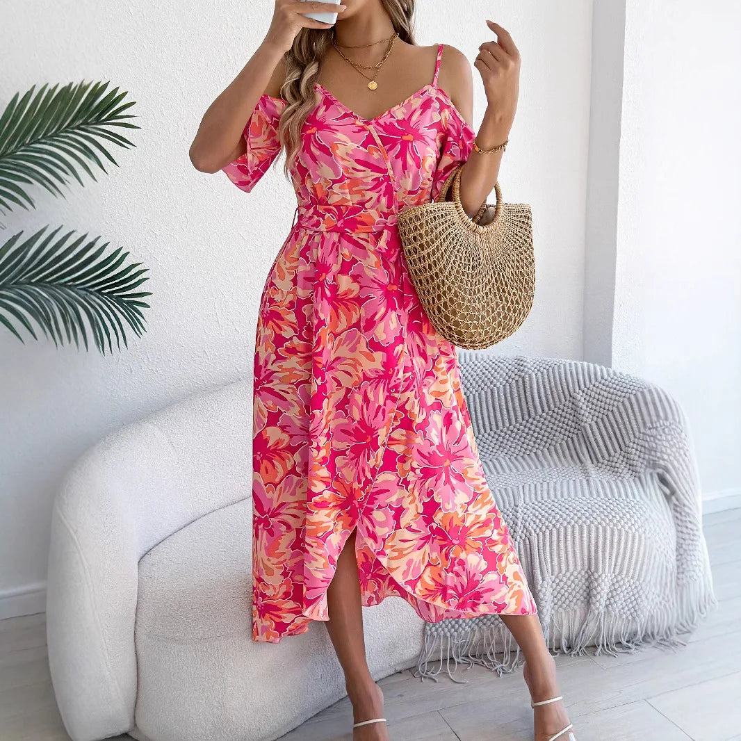 Cralom Floral Suspender Off Shoulder Vacation Dress