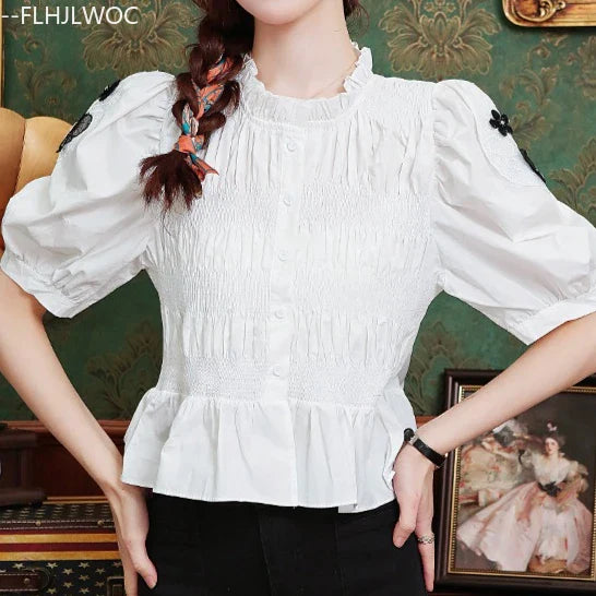 Cralom Cotton Peplum Button White Blouse Summer Chic Women's Top