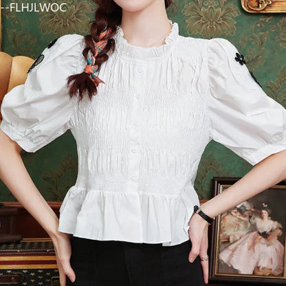 Cralom Cotton Peplum Button White Blouse Summer Chic Women's Top