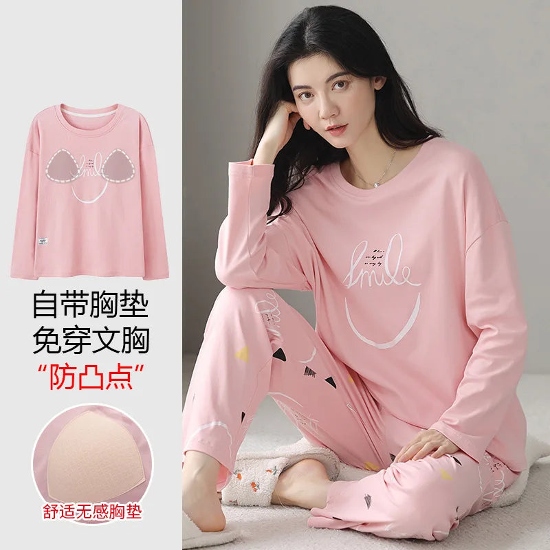 Cralom Cotton Pajama Set with Chest Pads, Long-sleeved Soft Sleepwear for Women