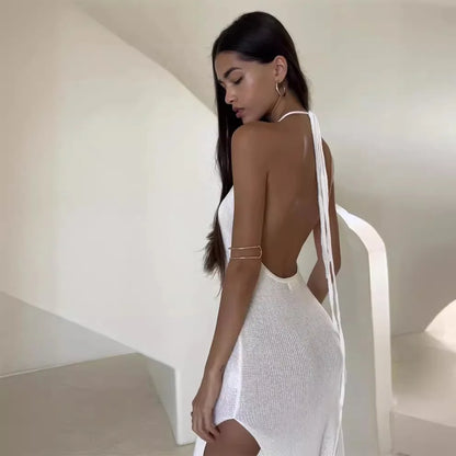 Cralom V-neck Backless Knitted Suspender Dress