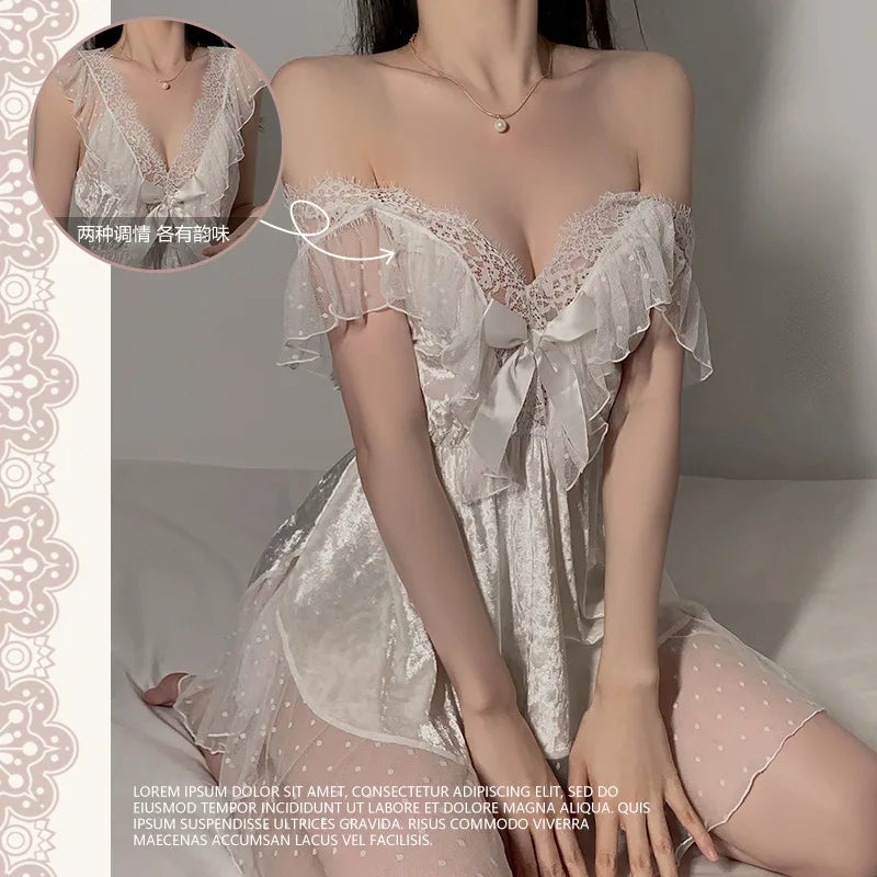 Luxurious Velvet Nightgown Set by Cralom: Deep V, Mesh Yarn, Backless Design
