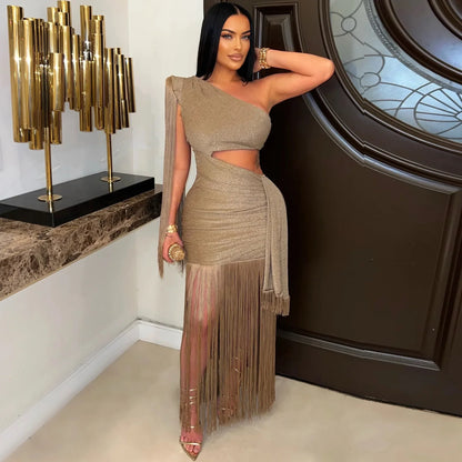 Cralom One Shoulder Tassel Long Dress