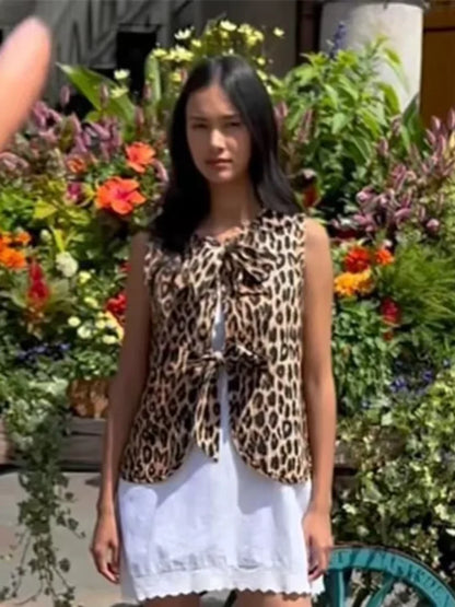 Cralom Leopard Print Lace-Up V-Neck Vest Women's Sleeveless Jacket Top