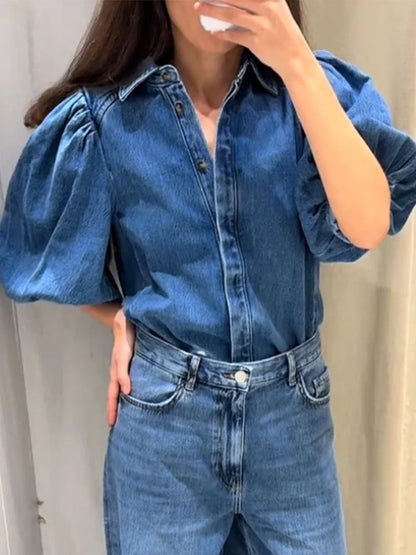 Cralom Denim Puff Sleeve Blouse - Blue Y2K Washed Casual Jacket