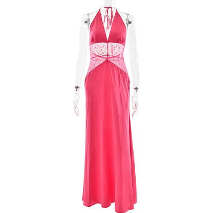Cralom Deep V-silk Satin Long Dress with Patchwork - Elegant & Sexy