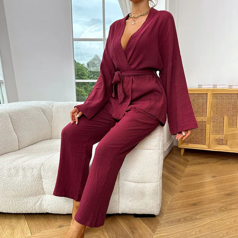 Cralom Women's Cotton Pajama Set with Robe and Pants