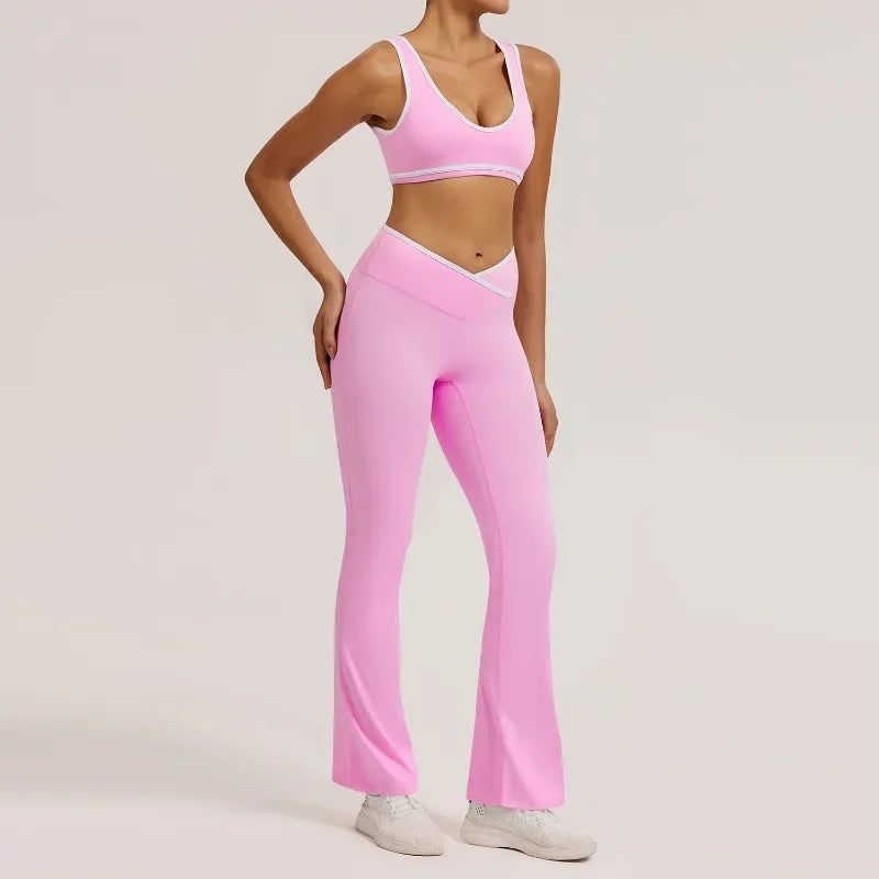 Cralom Seamless Yoga Set: Cross Waistband Pants & Nude Feel Sports Bra for Gym