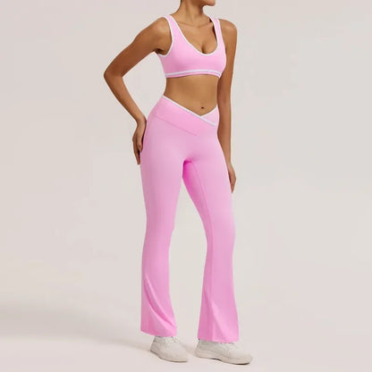 Cralom Seamless Yoga Set: Cross Waistband Pants & Nude Feel Sports Bra for Gym