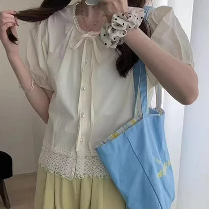 Cralom Lace Peplum Top - Short Sleeve Ruffles Hollow Out White Shirt