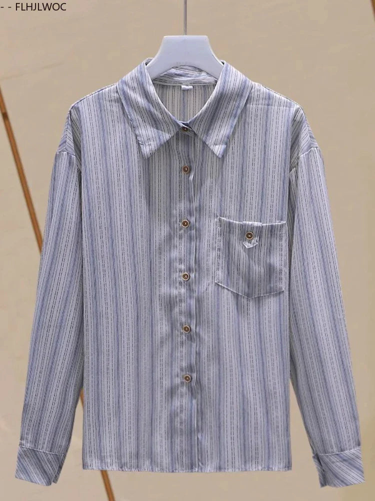 Cralom Striped Button Shirt Women Long Sleeve Office Blouse Casual Retro Design