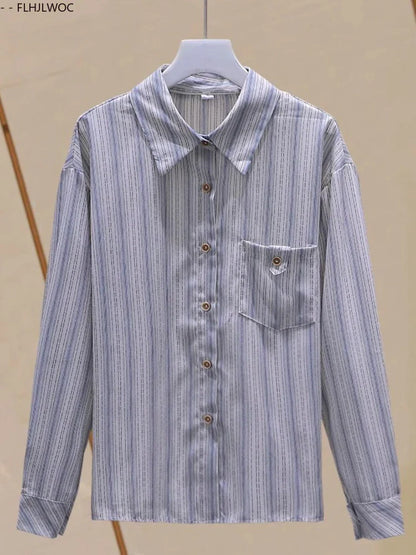 Cralom Striped Button Shirt Women Long Sleeve Office Blouse Casual Retro Design