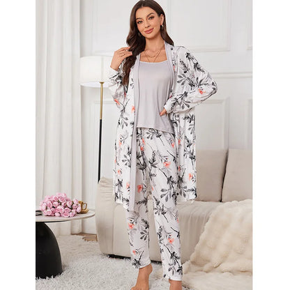 Cralom Satin Solid Color 3Pcs Pajama Set With Strap, Robe - Summer Sleepwear