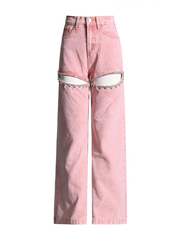 Cralom Diamonds Denim Trousers: High Waist Straight Pants Vintage Y2K Style