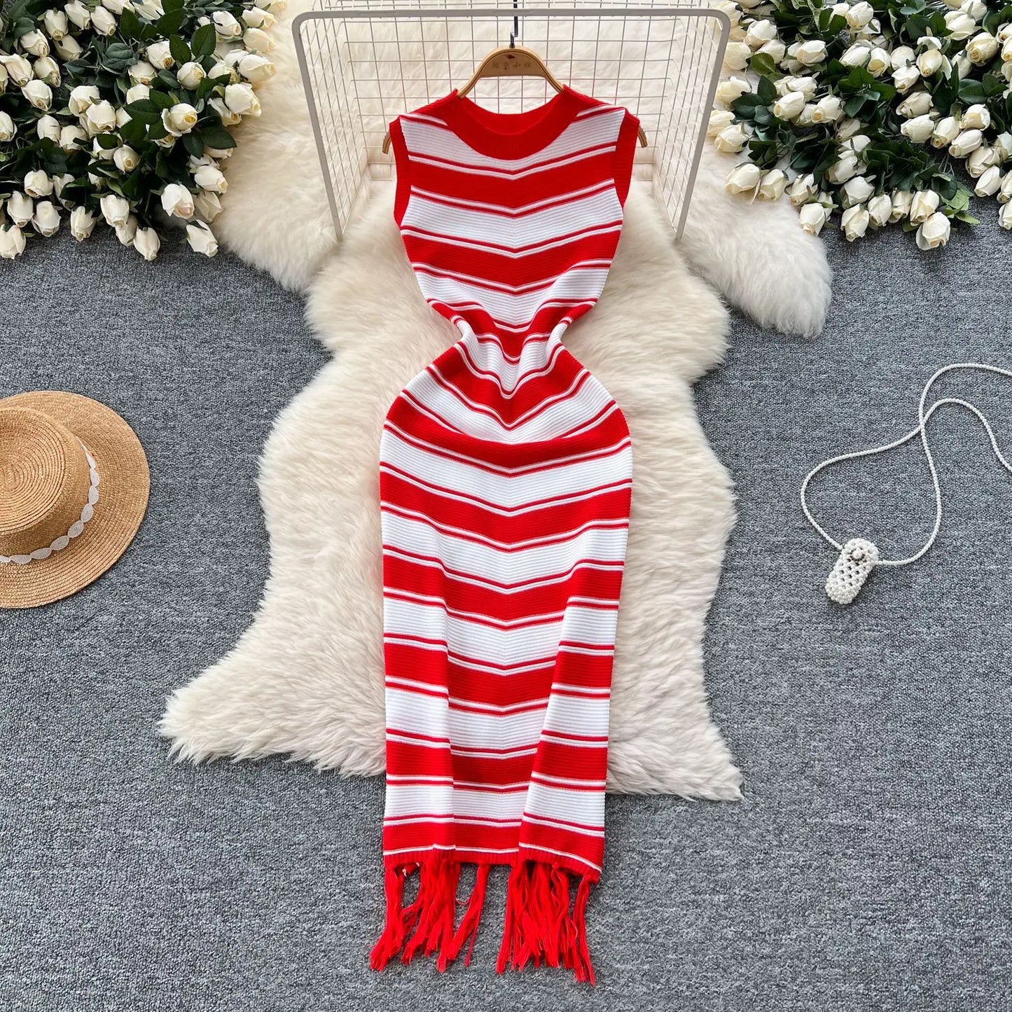 Cralom Ribbed Striped Tank Maxi Dress with Tassel Detail